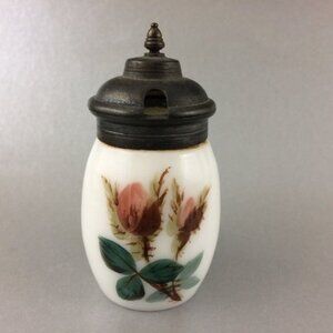 Vtg Handpainted Milk Glass Metal Lidded Small Mustard Pot Rosebuds Cottagecore